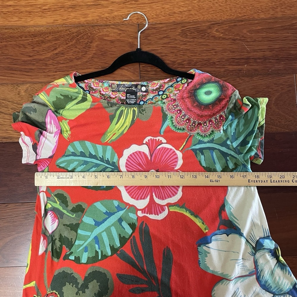 Desigual Red Floral Blouse Top Tunic Trapeze Sidetail Boho Artsy Colorful S B3 - Picture 9 of 12